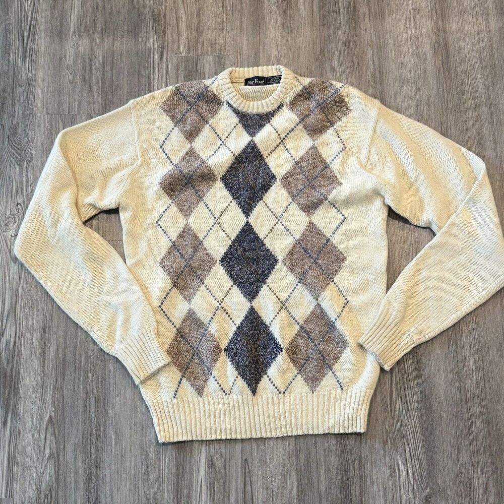 VTG Argyle Sweater Sz XLT Wool Blend Cream Old Money Preppy Grandpa Quiet Luxury